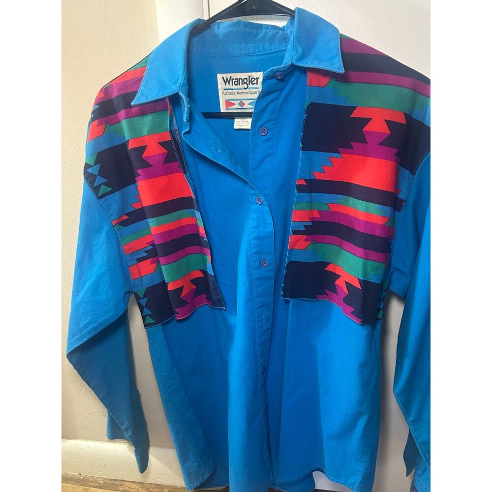 Vintage 90s Wrangler Aztec Western Shirt Blue Tribal Yoke Retro Cowboy Medium